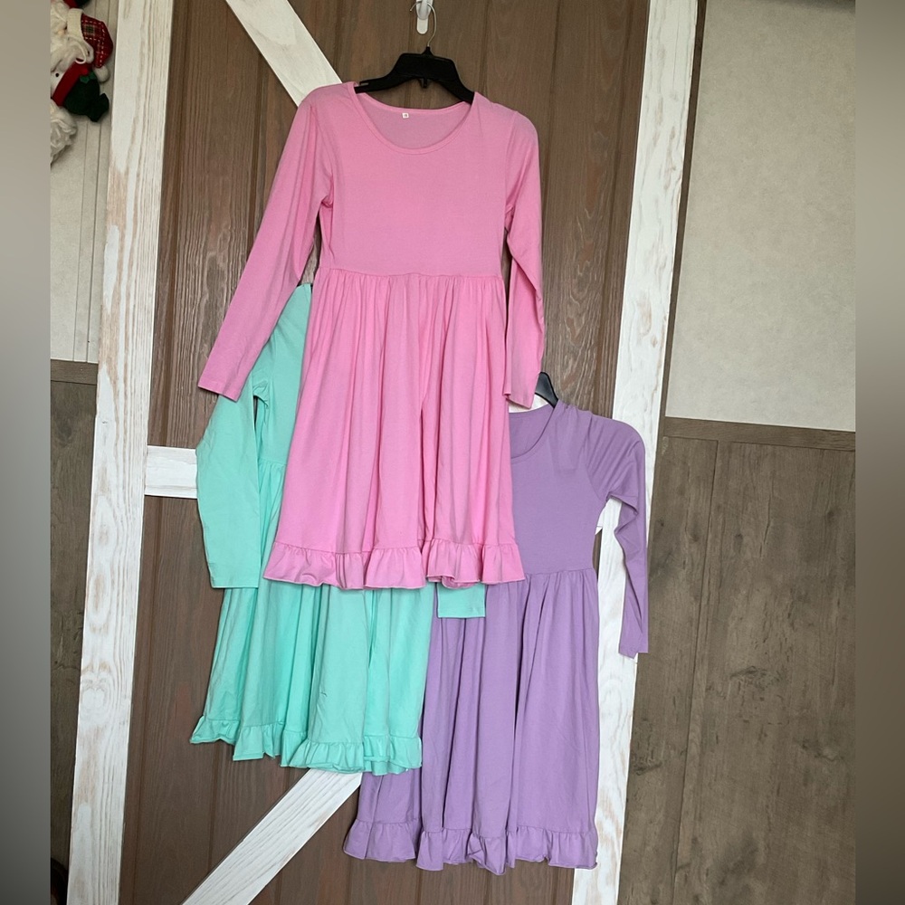 Set of Three Cotton Pink, Mint, and Purple Kids Dress Set. P2P 16-20” Size Small